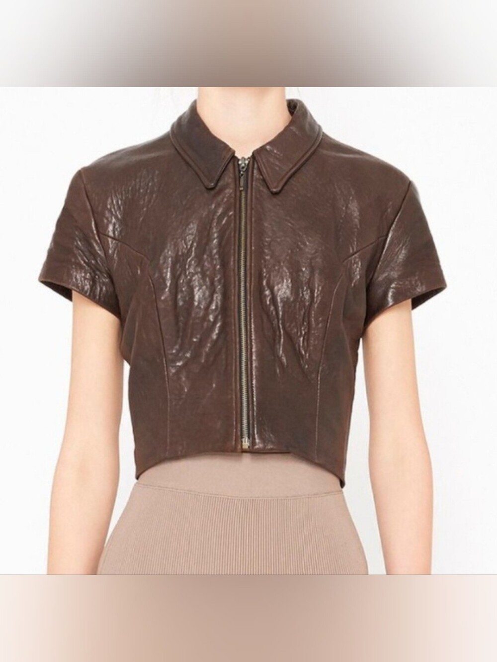 Musee Leather Short-Sleeve Zip Jacket